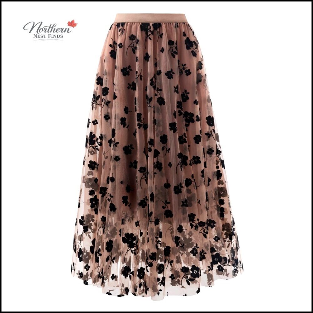 Midi Tulle Skirt Pleated High Waist Floral A-Line Flowy